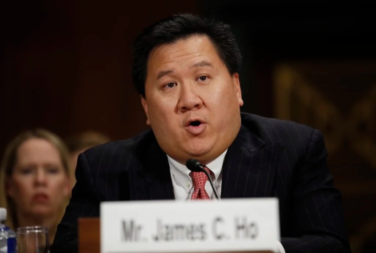 James Ho testifies during a Senate Judiciary Committee hearing on nominations on Capitol Hill in Washington, Wednesday, Nov. 15, 2017.