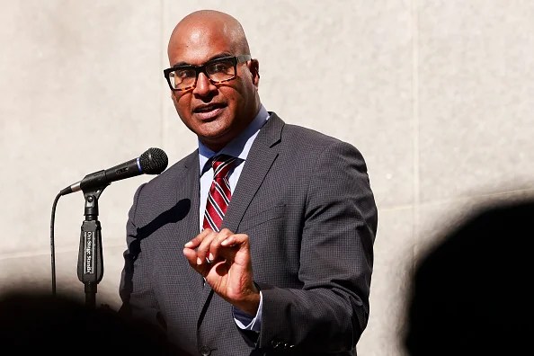 San Francisco Chief Public Defender Mano Raju speaks alongside members of the San Francisco Public Defender's office and immigration activists as they hold a news conference outside of the Hall of Justice in San Francisco, California Tuesday, Sept. 24, 2024 regarding an accused Tenderloin drug dealer who was acquitted after lawyers proved he was a victim of human trafficking.