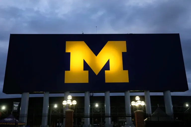 The block M logo for the University of Michigan is displayed at the school's NCAA college football stadium in Ann Arbor, Mich., Nov. 10, 2023. (AP Photo/Paul Sancya, File)
