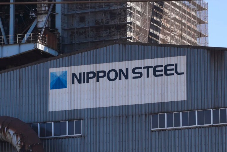 Logo of Nippon Steel on the exterior of Blast Furnace No. 1 at the company's Kashima Plant in Japan.