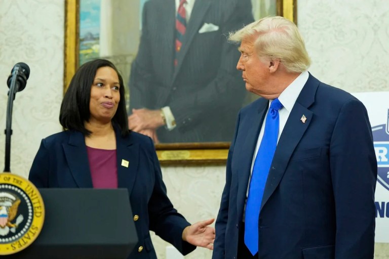 District of Columbia Mayor Muriel Bowser, left, speaks as President Donald Trump listens during an event to announce that the 2027 NFL Draft will be held on the National Mall, in the Oval Office of the White House, Monday, May 5, 2025, in Washington. (AP Photo/Alex Brandon)