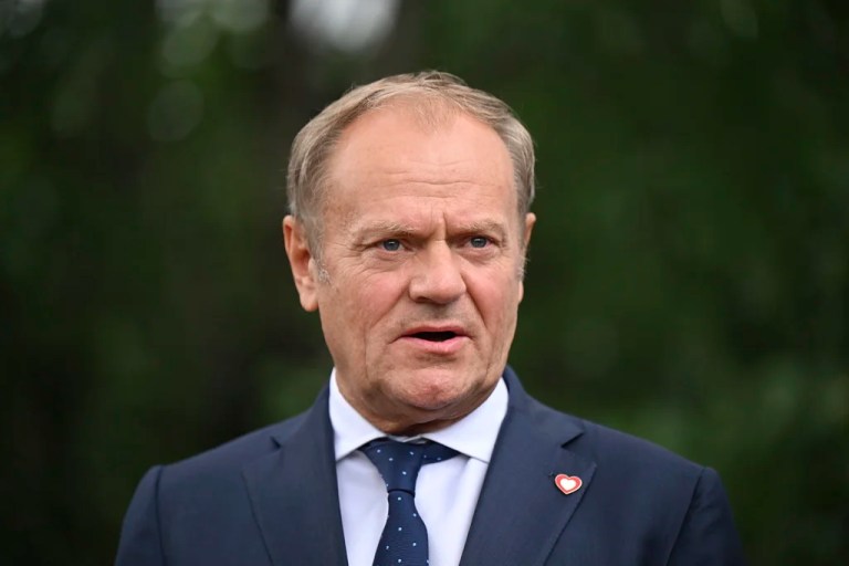 Poland's Prime Minister Donald Tusk talks to the press.