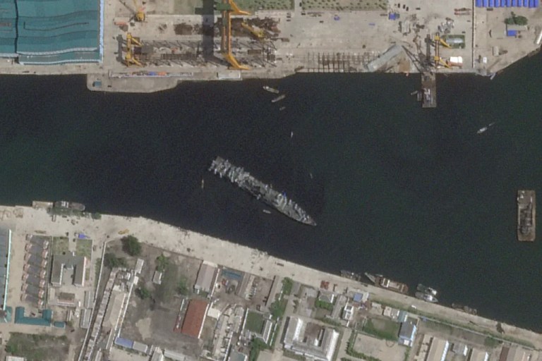 This satellite image from Planet Labs PBC shows a refloated North Korean destroyer after it suffered a failed launch while it was being put to sea in Chongjin, North Korea, Thursday, June 5, 2025.