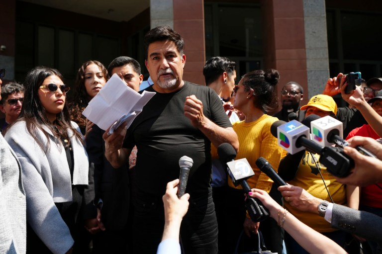 David Huerta, president of the Service Employees International Union California, who was arrested during an immigration raid last week, speaks after he was released on a bond in downtown Los Angeles, Monday, June 9, 2025.