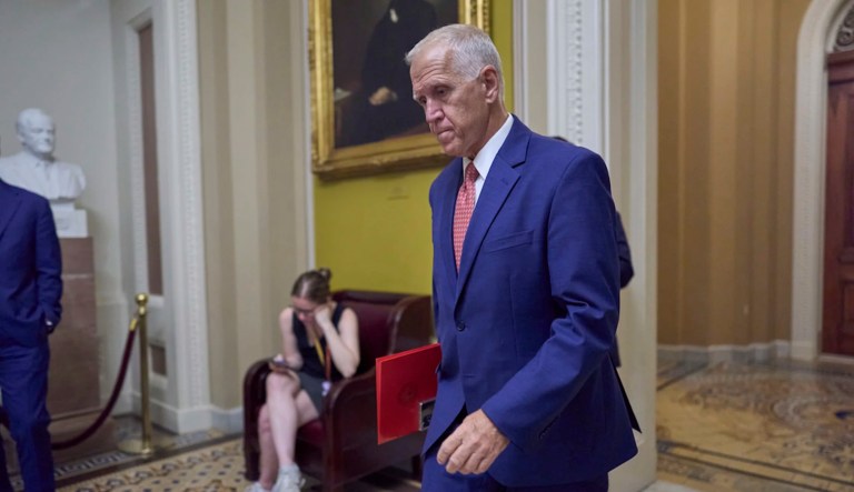 Sen. Thom Tillis (R-NC) walks to the chamber as senators arrive for votes and policy meetings, at the Capitol in Washington, Tuesday, June 17, 2025.