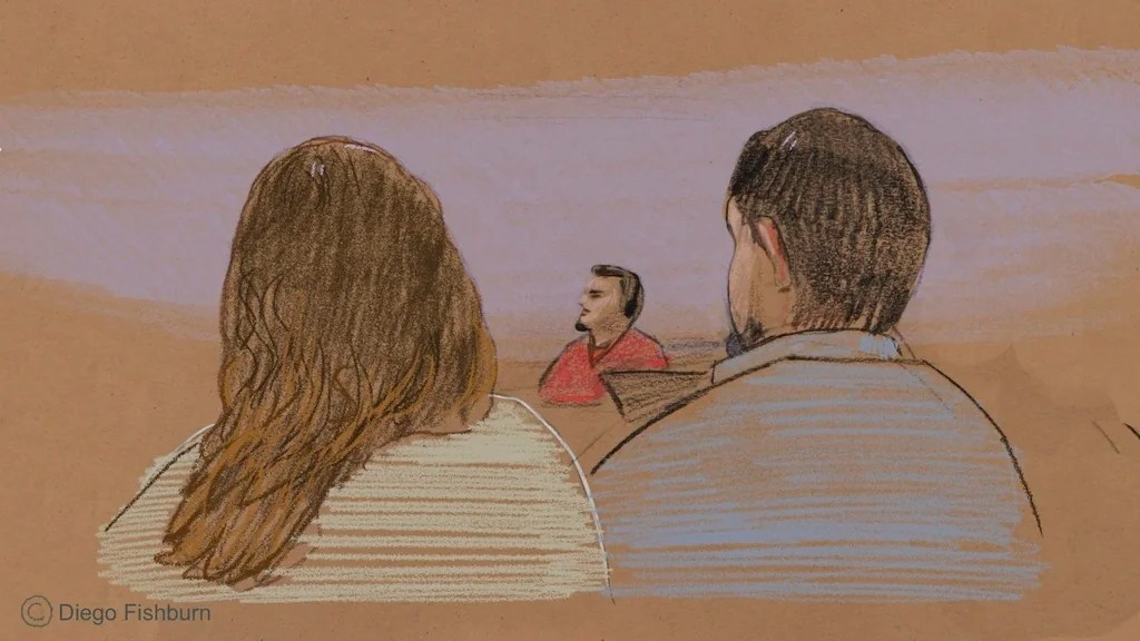 courtroom sketch of kilmar abrego garcia and his wife and brother