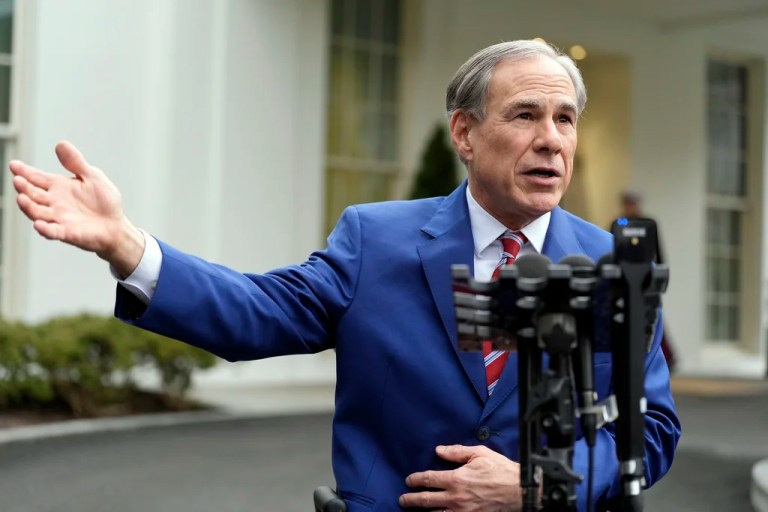 FILE - Texas Gov. Greg Abbott speaks to reporters outside the West Wing of the White House, Feb. 5, 2025, in Washington. (AP Photo/Alex Brandon, File)