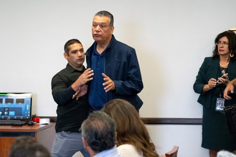 Sen. Alex Padilla (D-CA) is pushed out of the room as Homeland Security Secretary Kristi Noem holds a news conference regarding the recent protests in Los Angeles, Thursday, June 12, 2025.