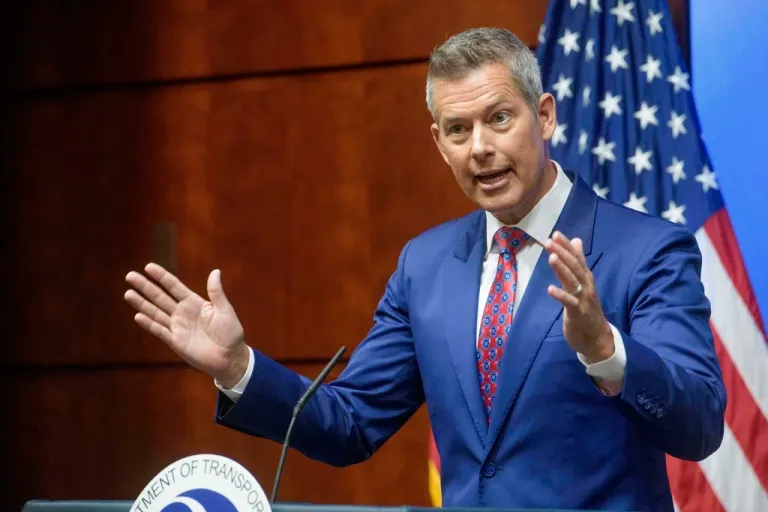 Secretary of Transportation Sean Duffy speaks during a news conference to provide a status update on Newark Liberty International Airport at the Department of Transportation in Washington, Wednesday, May 28, 2025.