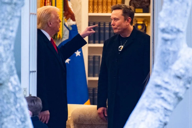 TOPSHOT - US President Donald Trump and Elon Musk (R) speak before departing the White House on his way to his South Florida home in Mar-a-Lago in Florida on March 14, 2025. Trump is spending the weekend at his Florida Mar-a-Lago resort. (Photo by ROBERTO SCHMIDT / AFP) (Photo by ROBERTO SCHMIDT/AFP via Getty Images)