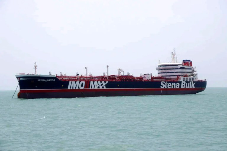 In this July 20, 2019, file photo, British-flagged oil tanker Stena Impero, which was seized by the Iran's Revolutionary Guard on Friday is photographed in the Iranian port of Bandar Abbas. A ship-tracking website shows a British-flagged oil tanker held by Iran since July moving for the first time in weeks. The movement of the Stena Impero on Tuesday, Sept. 24, comes after a government spokesman in Iran on Monday said legal proceedings against the vessel had concluded.