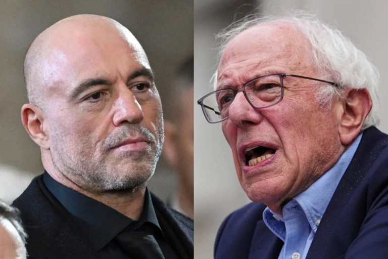 Podcast host Joe Rogan, left, and Sen. Bernie Sanders (I-VT), right.