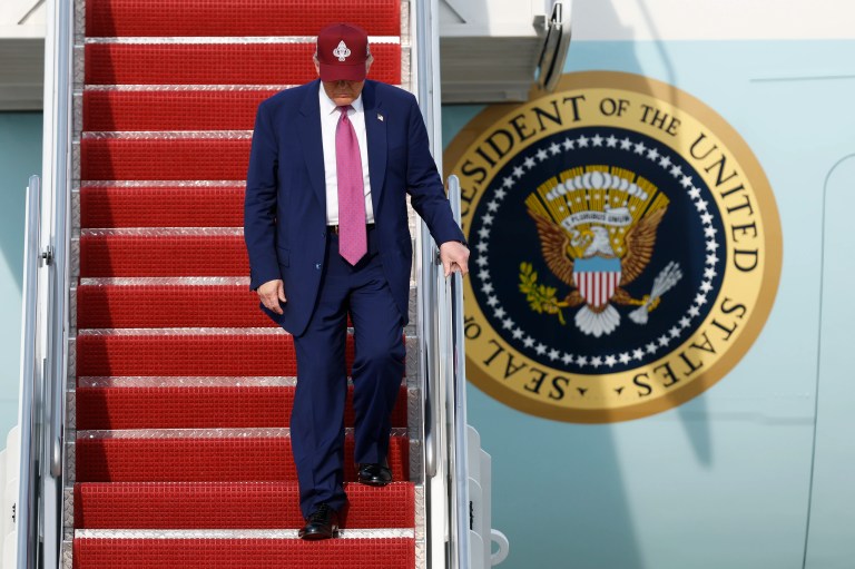 President Donald Trump exits Air Force One at Joint Base Andrews, Md., Saturday, June 21, 2025.