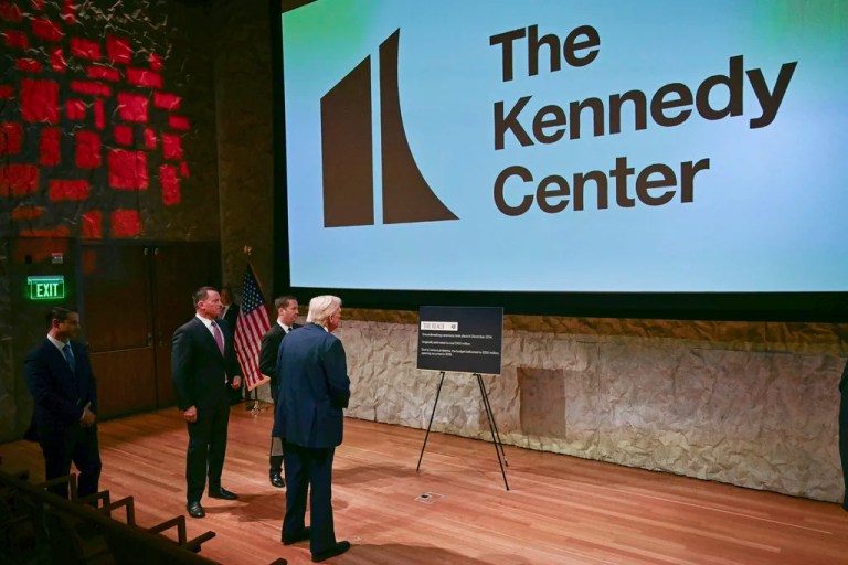 FILE - President Donald Trump tours the John F. Kennedy Center for the Performing Arts in Washington, Monday, March 17, 2025. (Pool via AP, File)