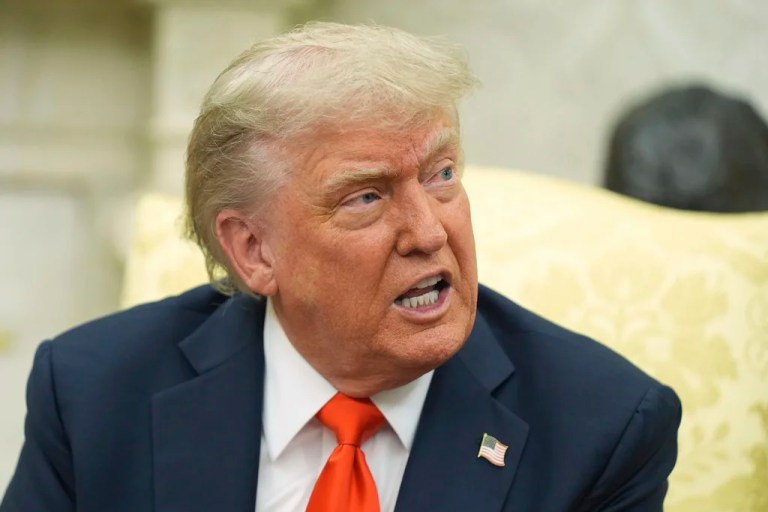 President Donald Trump speaks during a meeting with Germany's Chancellor Friedrich Merz in the Oval Office of the White House, Thursday, June 5, 2025, in Washington. (AP Photo/Evan Vucci)