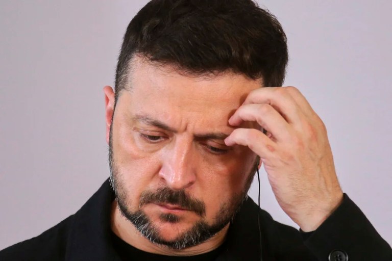 Ukraine's President Volodymyr Zelenskyy attends a press conference during his visit to Vienna, Austria, Monday, June 16, 2025. (AP Photo/Heinz-Peter Bader)