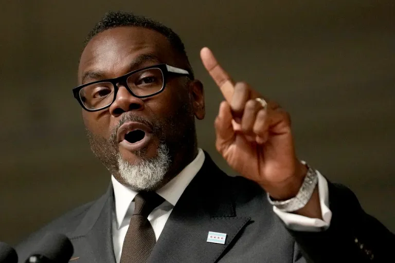 Chicago Mayor Brandon Johnson responds to a question during a news conference on Oct. 7, 2024.