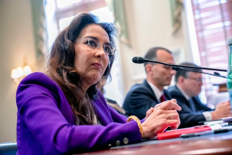 Former Trump campaign lawyer Harmeet Dhillon sits in front of a microphone.
