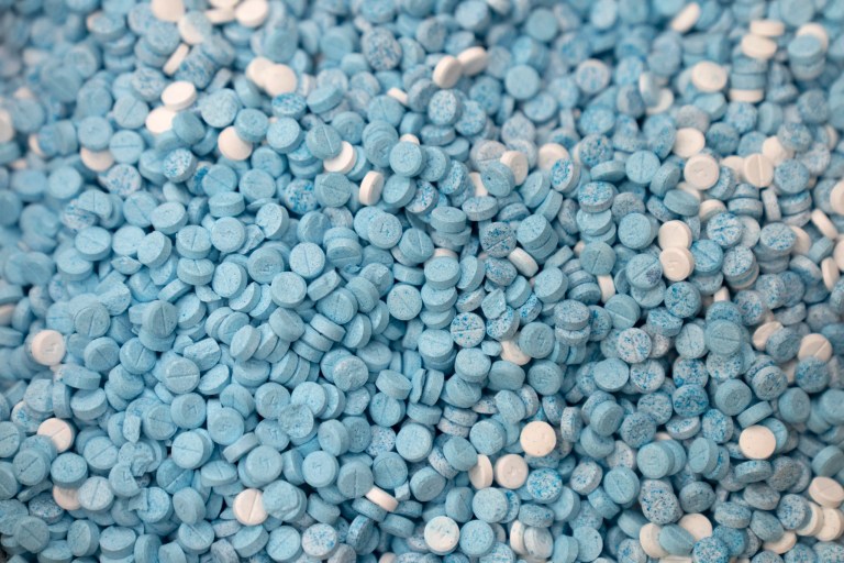 Simulated fentanyl pills are displayed at a Drug Enforcement Administration research laboratory on Tuesday, April 29, 2025, in Northern Virginia. (AP Photo/Mark Schiefelbein)