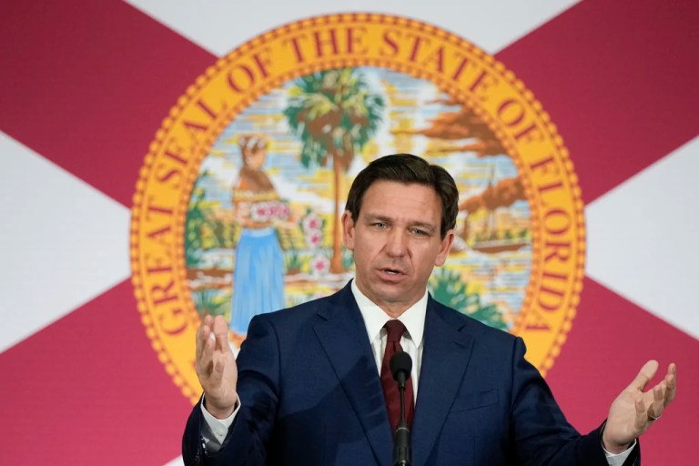 Florida Gov. Ron DeSantis speaks during a news conference in Miami, Tuesday, May 9, 2023.