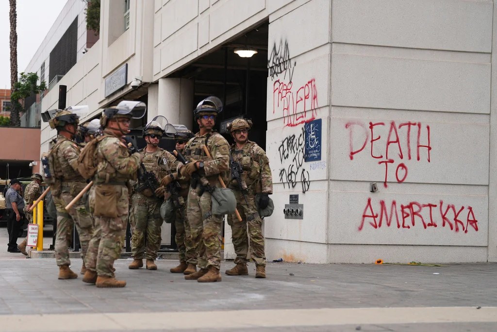 U.S. National Guard are deployed around downtown Los Angeles, Sunday, June 8, 2025, following a immigration raid protest the night before.
