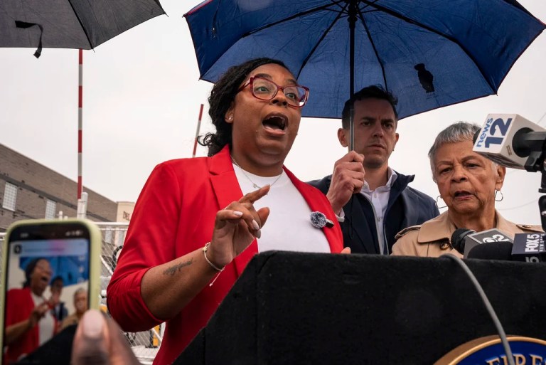 Rep. LaMonica McIver (D-NJ) speaks to the press.