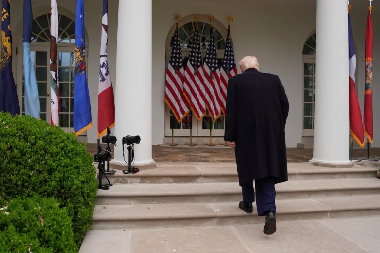 President Donald Trump departs after signing an executive order at an event to announce new tariffs in the Rose Garden of the White House, Wednesday, April 2, 2025, in Washington.