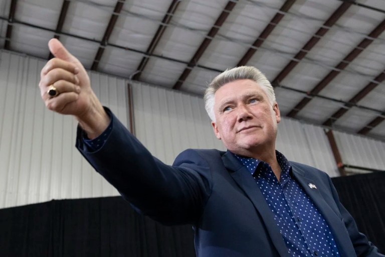 Mark Harris, North Carolina Republican congressional candidate 8th district, at a campaign event for Republican vice presidential nominee Sen. JD Vance in Monroe, N.C., Friday, Oct. 25, 2024. (AP Photo/Nell Redmond)