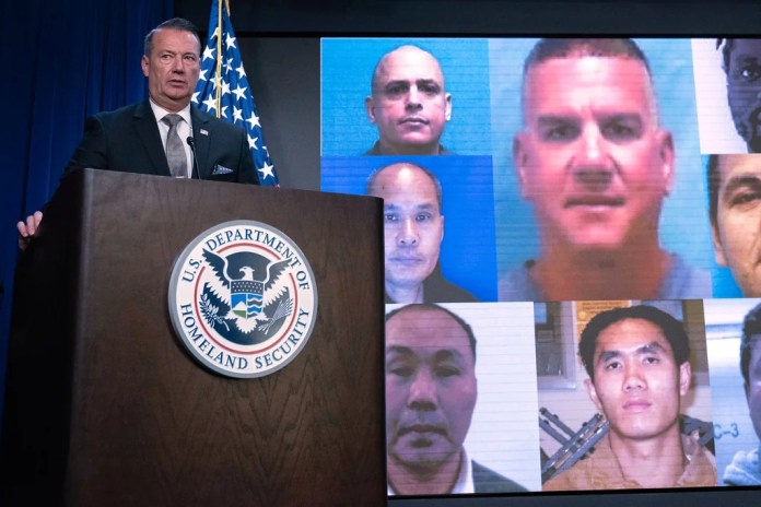 Acting director of U.S. Immigration and Customs Enforcement (ICE) Todd Lyons, speaks during a news conference at ICE Headquarters, in Washington, Wednesday, May 21, 2025. (AP Photo/Jose Luis Magana)