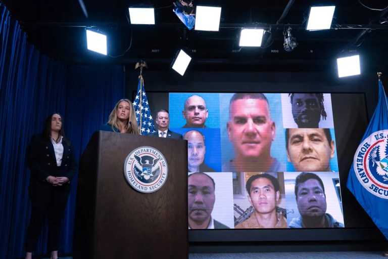 DHS Assistant Secretary for Public Affairs Tricia McLaughlin, flanked by Deputy director of U.S. Immigration and Customs Enforcement Madison Sheahan, left, and Acting director of U.S. Immigration and Customs Enforcement Todd Lyons, speaks during a news conference at ICE Headquarters, in Washington, Wednesday, May 21, 2025.