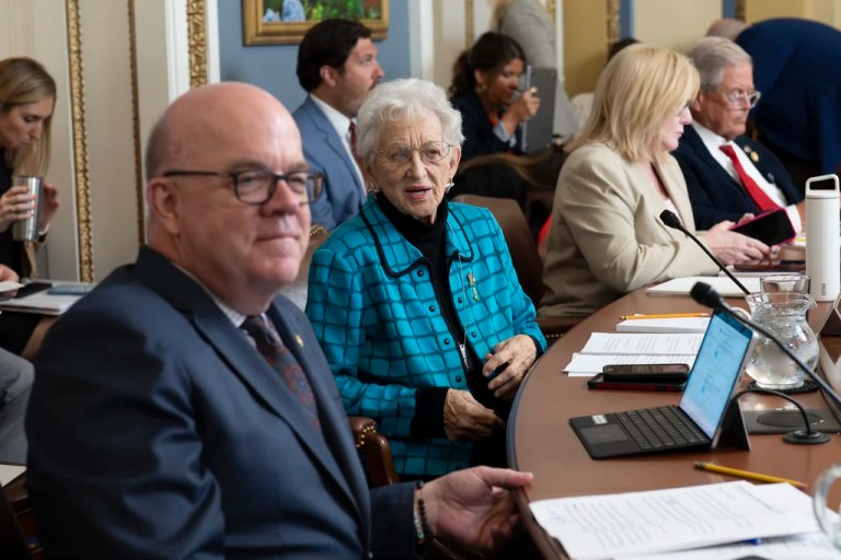 House Rules Committee Chairwoman Virginia Foxx, R-N.C., center, is joined by Rep. Jim McGovern, D-Mass., left, the ranking member, meet as they prepare President Donald Trump's signature bill of big tax breaks and spending cuts to go to the House floor, at the Capitol in Washington, Tuesday, July 1, 2025. (AP Photo/J. Scott Applewhite)