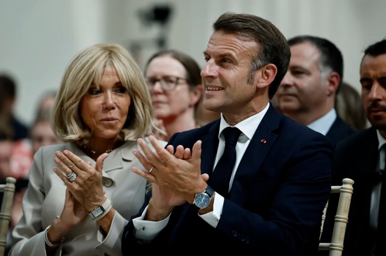 France's President Emmanuel Macron and his wife, Brigitte Macron, react during a visit to The British Museum in London, Wednesday July 9, 2025.