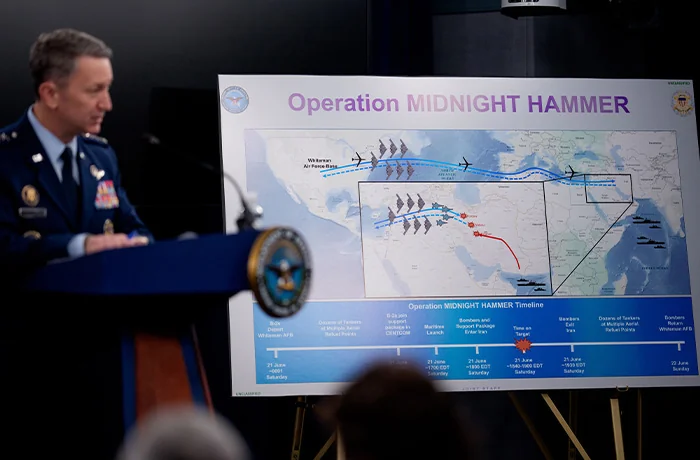 Gen. Dan Caine, chairman of the Joint Chiefs of Staff, discusses the mission details of a strike on Iran during a news conference at the Pentagon on June 22. President Donald Trump gave an address to the nation the previous night after three Iranian nuclear facilities were struck by the U.S. military. (Andrew Harnik/Getty Images)