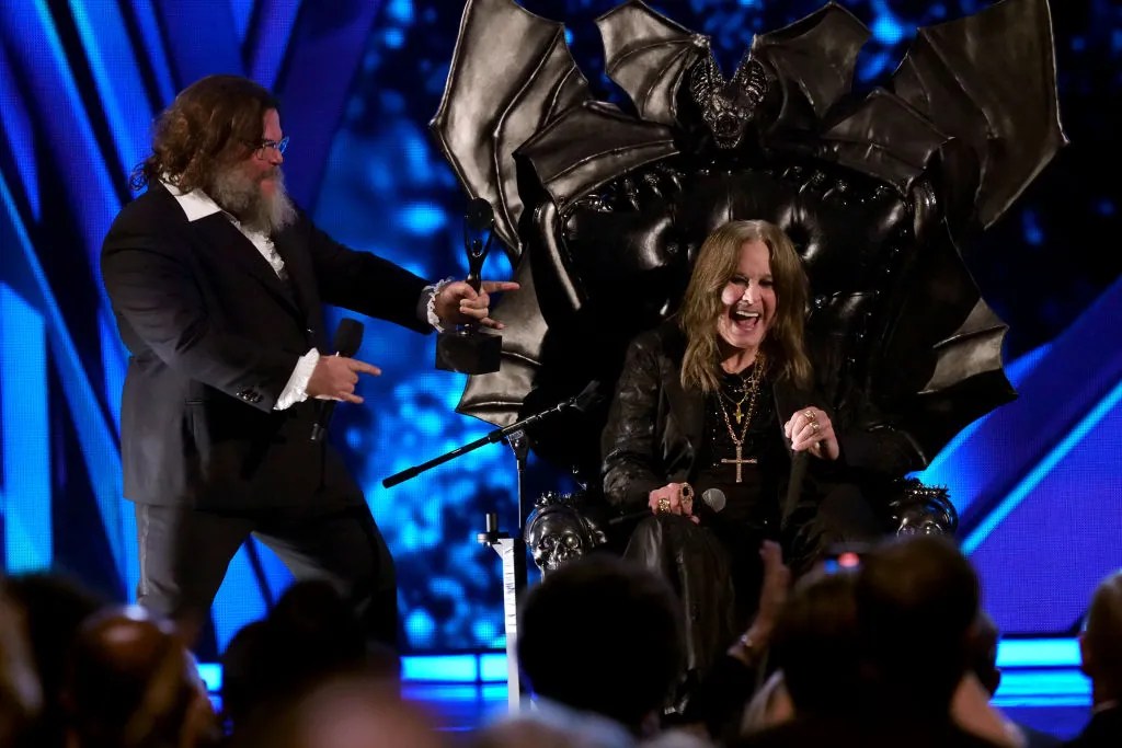 Jack Black and Ozzy Osbourne speak onstage at the 2024 Rock & Roll Hall Of Fame Induction Ceremony at Rocket Mortgage Fieldhouse on October 19, 2024 in Cleveland, Ohio. (Photo by Jeff Kravitz/FilmMagic)