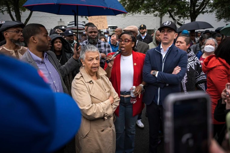 Rep. LaMonica McIver, center, demands the release of Newark Mayor Ras Baraka after his arrest while protesting outside Delaney Hall ICE detention facility, Friday, May 9, 2025, in Newark, N.J. (AP Photo/Angelina Katsanis)