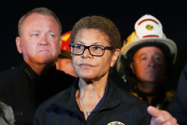 Los Angeles Mayor Karen Bass stands during a press conference after a tunnel collapsed on Wednesday, July 9, 2025, in Los Angeles. (AP Photo/Damian Dovarganes)