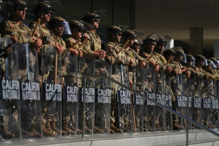 California National Guard members are positioned on June 10, 2025, at the Federal Building in downtown Los Angeles.