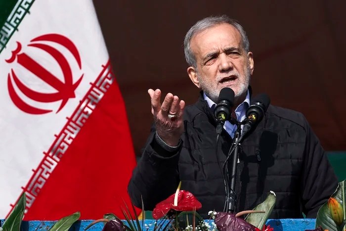 This photo released by the Iranian Presidency Office, President Masoud Pezeshkian speaks during a rally on Feb. 10, 2025, in Tehran, Iran. (Iranian Presidency Office via AP, File)