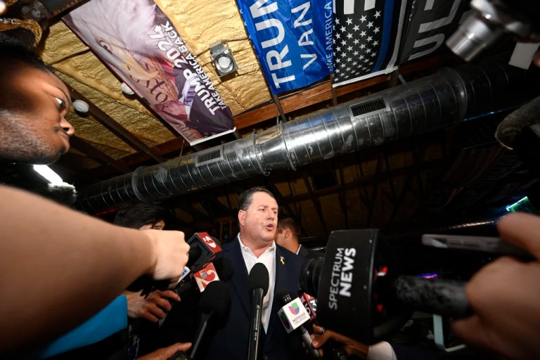 Republican candidate Randy Fine meets with reporters.