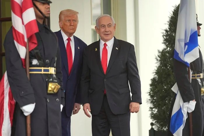 President Donald Trump greets Israeli Prime Minister Benjamin Netanyahu at the White House.
