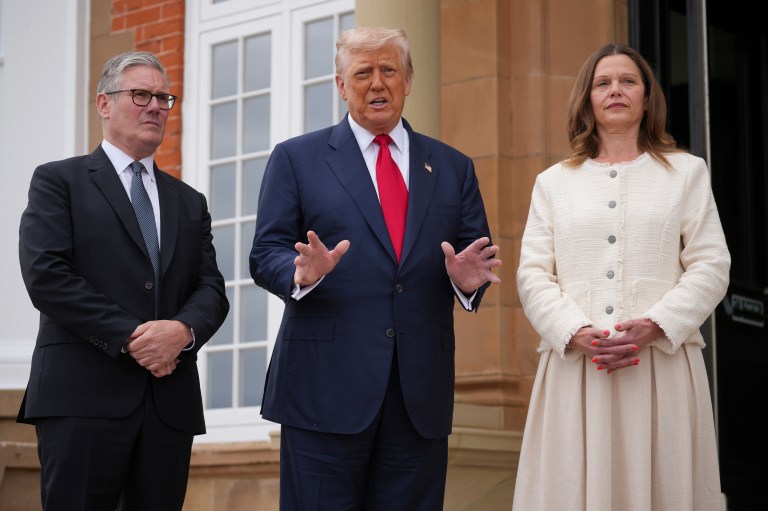 President Donald Trump, right, and Britain's Prime Minister Keir Starmer speak with the media during a meeting at the Trump Turnberry golf course in Turnberry, Scotland Monday, July 28, 2025. (AP Photo/Jacquelyn Martin)