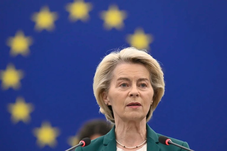 European Commission president Ursula von der Leyen delivers her speech during a statement on the preparation for the EU–China Summit, Tuesday, July 8, 2025 at the European Parliament in Strasbourg, eastern France.