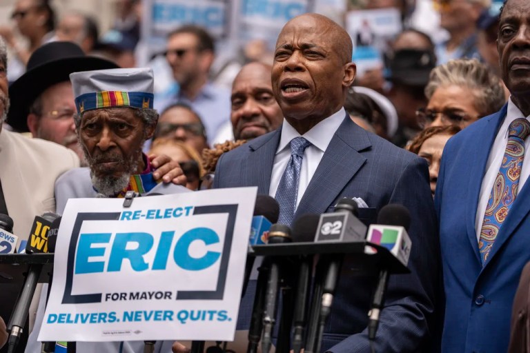 New York Mayor Eric Adams speaks during a campaign launch rally at City Hall, Thursday, June. 26, 2025, in New York.