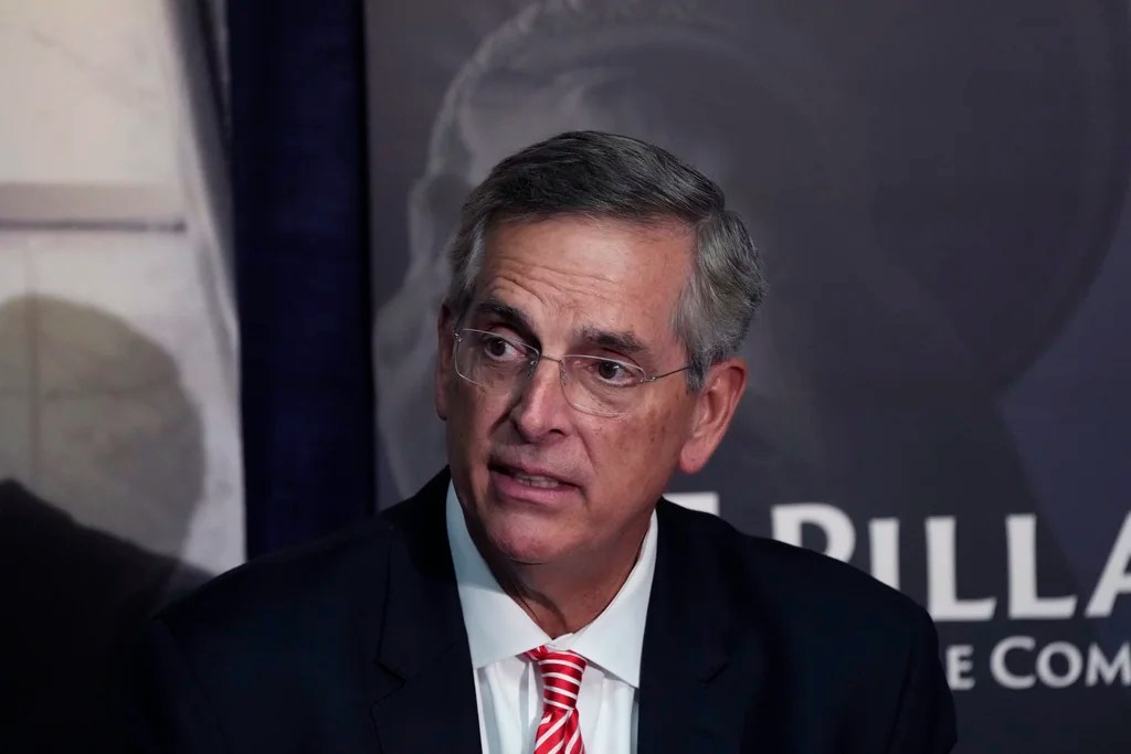 Georgia Secretary of State Brad Raffensperger participates during an election forum, Thursday, Sept. 19, 2024, in Ann Arbor, Mich.