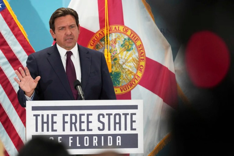 Gov. Ron DeSantis (R-FL) speaks during a public event where he announced he would sign a bill banning the use of fluoride in public water systems, Tuesday, May 6, 2025, in Miami.
