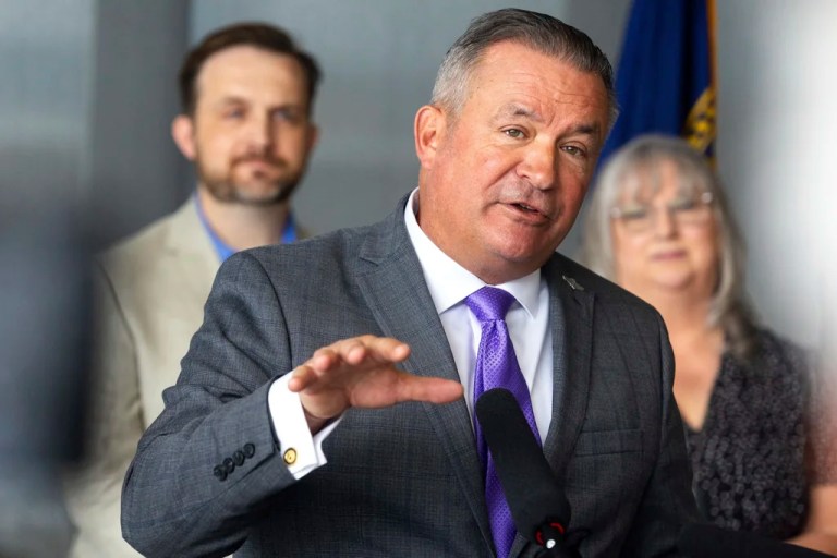 Rep. Don Bacon (R-NE) announces his retirement during a press conference at Eppley Airfield in Omaha, Nebraska, on Monday, June 30, 2025.