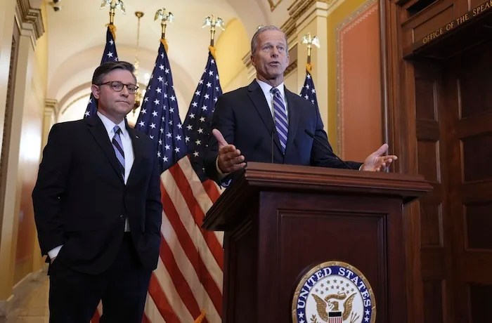 Speaker of the House Mike Johnson, R-La., left, and Senate Majority Leader John Thune, R-S.D., make statements to reporters ahead of vote in the House to pass a bill on President Donald Trump's top domestic priorities of spending reductions and tax breaks,