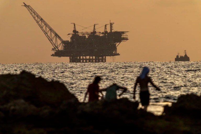 An oil platform in Israel's offshore Leviathan gas field is seen while an Israeli navy vessel patrols the Mediterranean Sea, Israel, on Sept. 20, 2024.