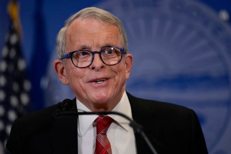 Ohio Gov. Mike DeWine speaks during a news conference.