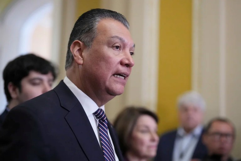 Sen. Alex Padilla (D-CA) speaks to reporters after he delivered remarks on the Senate floor earlier rebuking the Trump administration's 